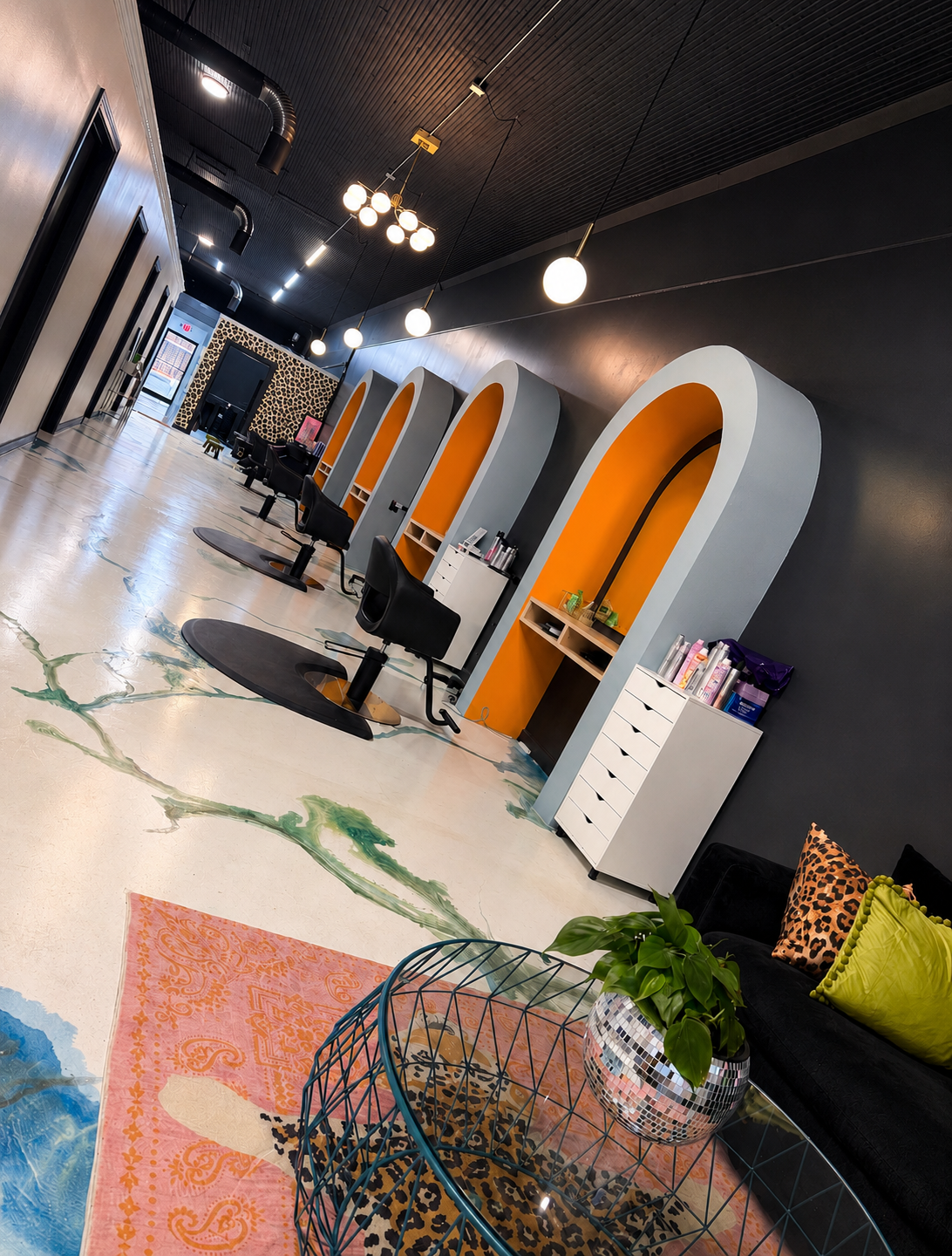 Salon 31 styling chair and soft salon interior details
